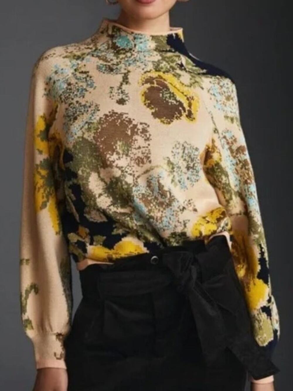 Anthropologie The Beatriz Floral Patterned Mock Neck Sweater Vintage Artsy Small